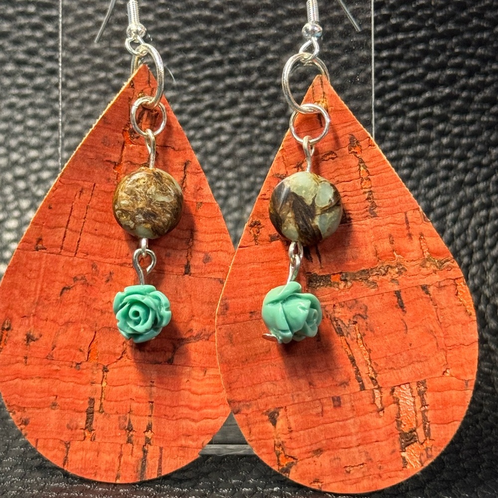 Rustic Cork Teardrop Earrings With Mint Green Roses